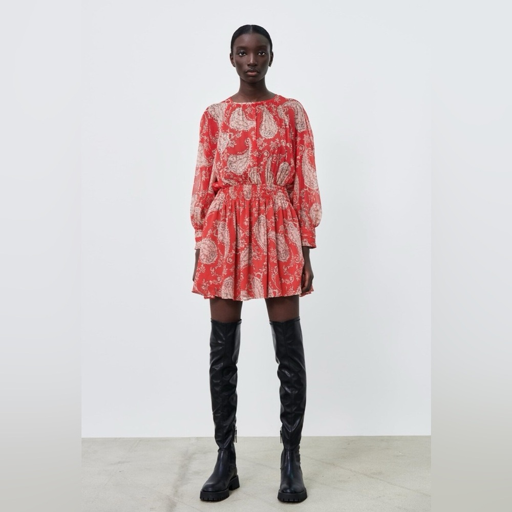 Zara Paisley Chiffon Long Sleeve Mini Dress Red Pink – Size M